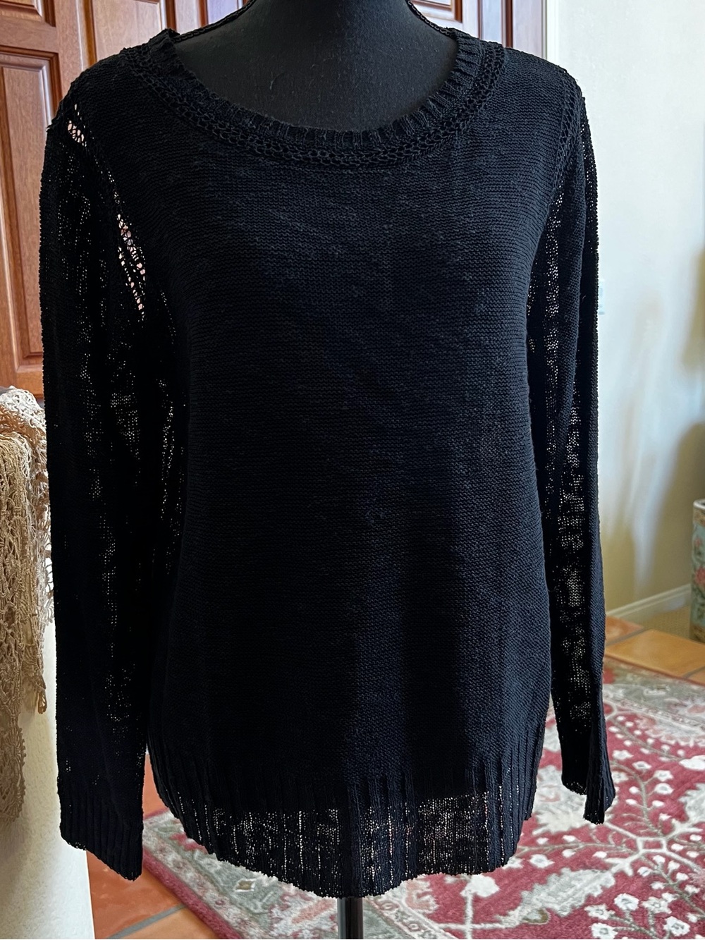 Eileen Fisher Black Linen Cotton Nylon Rayon Medium Sweater